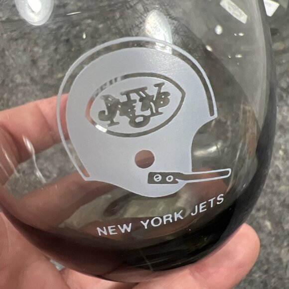2 VTG 1970s NFL New York Jets Smoked Glass Round Rocks Whiskey Wine Glass - Picture 7 of 10